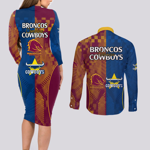 nrl-cowboys-and-broncos-couples-matching-long-sleeve-bodycon-dress-and-long-sleeve-button-shirts-sporty-style