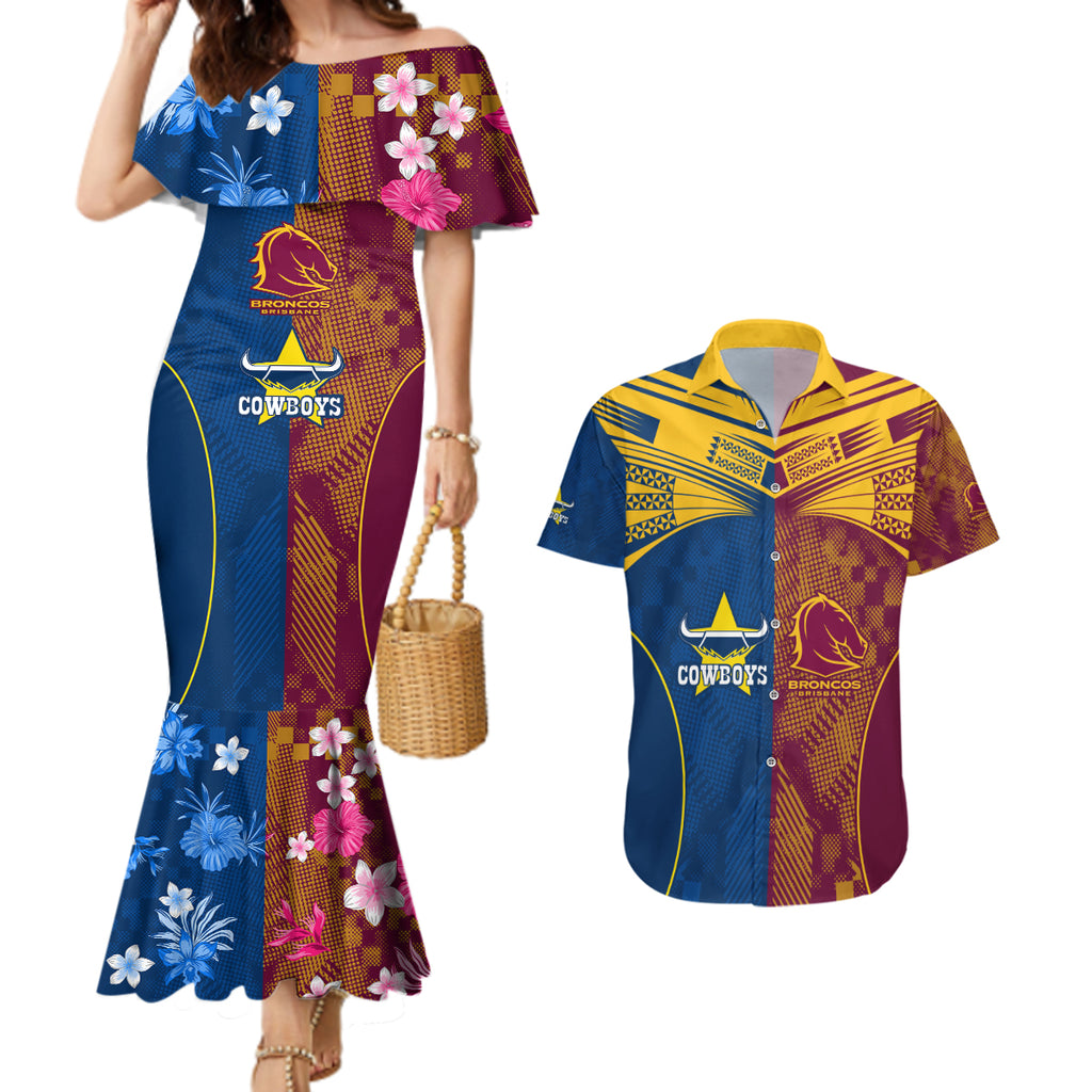 nrl-cowboys-and-broncos-couples-matching-mermaid-dress-and-hawaiian-shirt-sporty-style