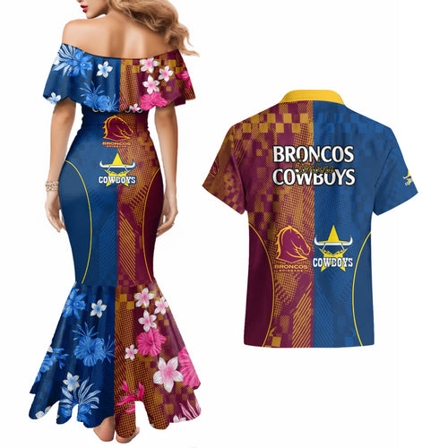 nrl-cowboys-and-broncos-couples-matching-mermaid-dress-and-hawaiian-shirt-sporty-style