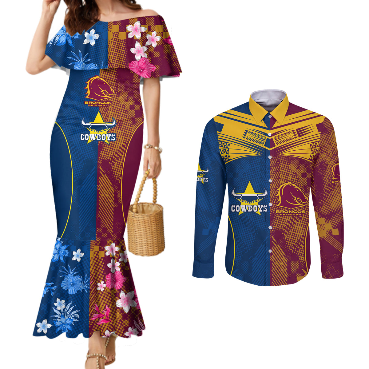 nrl-cowboys-and-broncos-couples-matching-mermaid-dress-and-long-sleeve-button-shirts-sporty-style