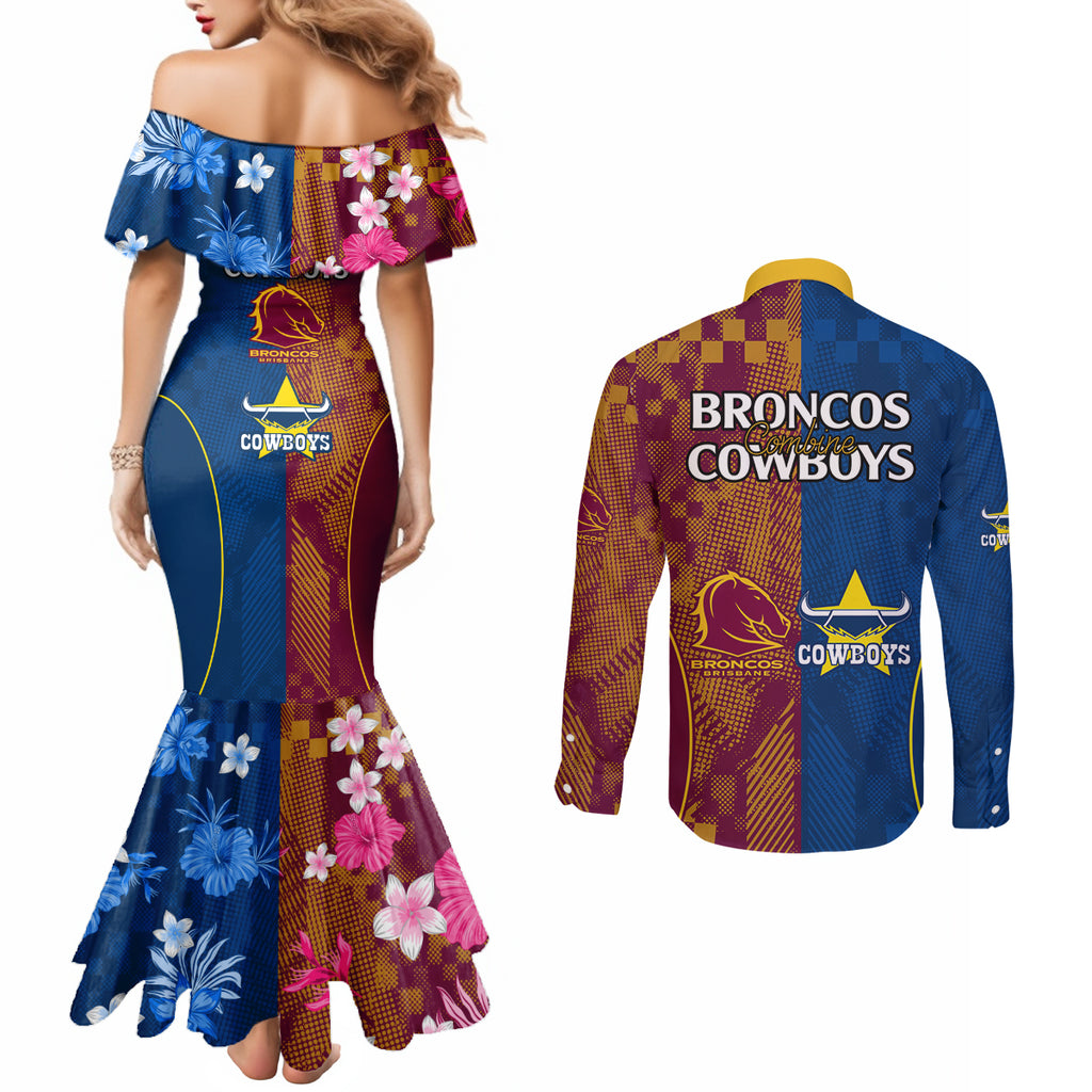 nrl-cowboys-and-broncos-couples-matching-mermaid-dress-and-long-sleeve-button-shirts-sporty-style