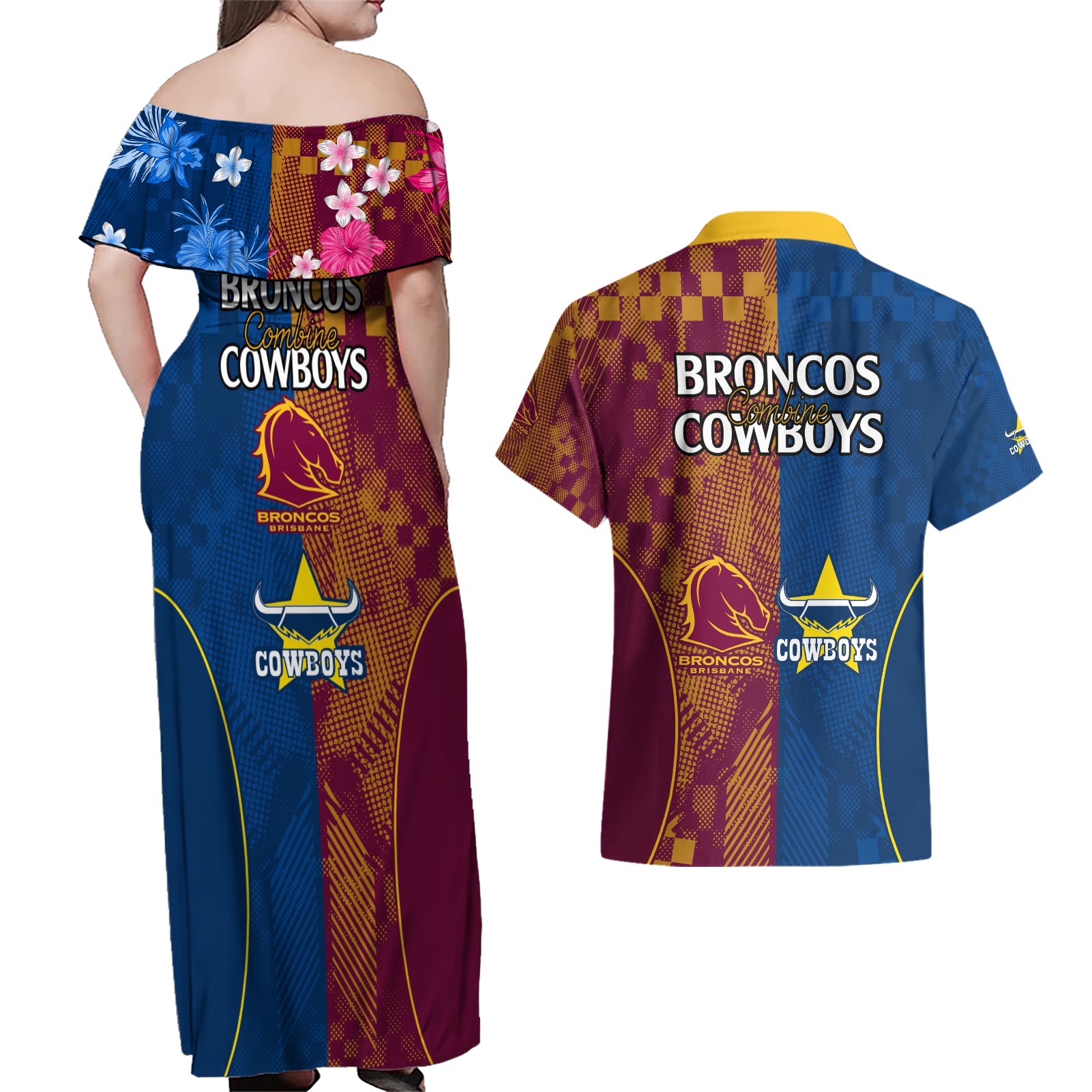 nrl-cowboys-and-broncos-couples-matching-off-shoulder-maxi-dress-and-hawaiian-shirt-sporty-style