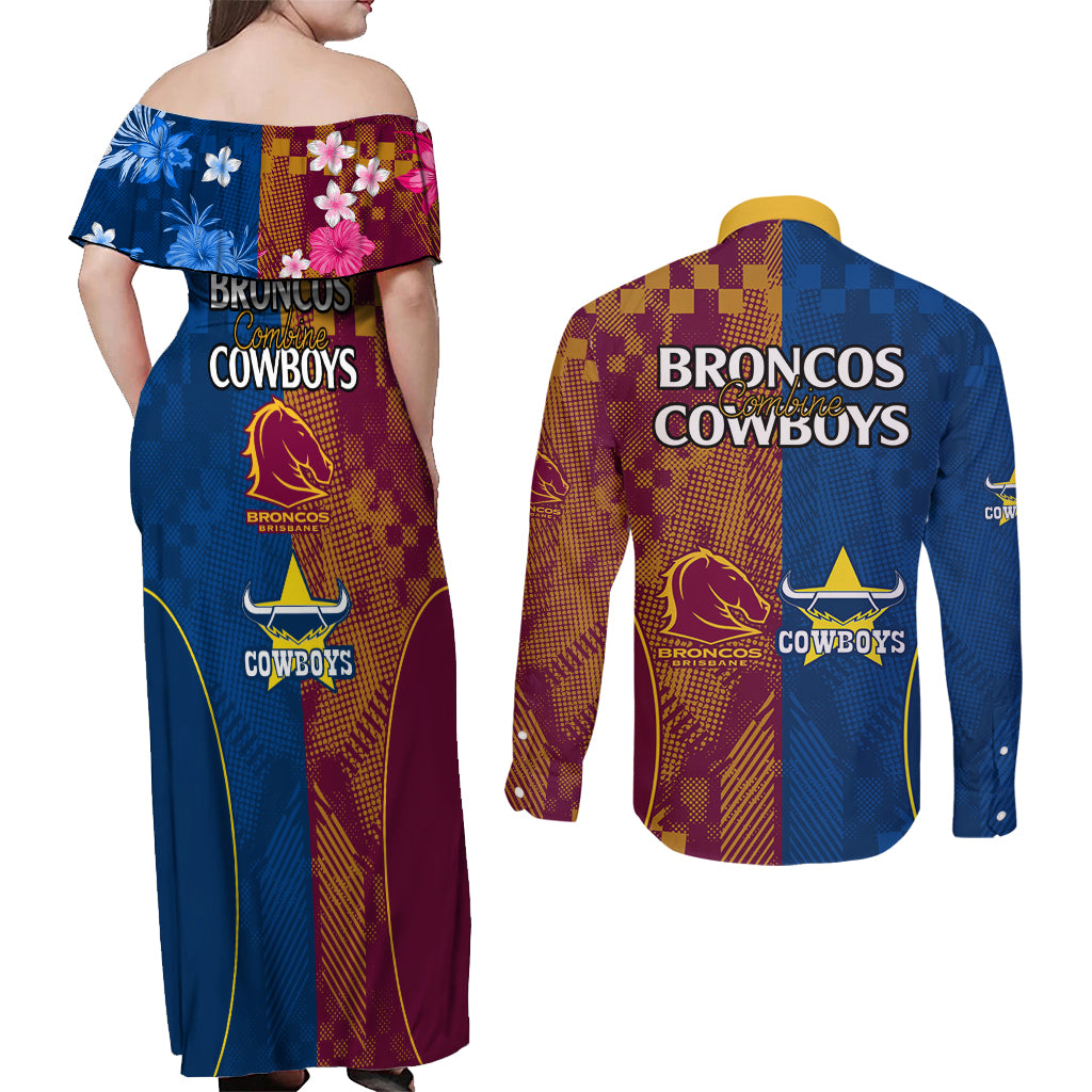 nrl-cowboys-and-broncos-couples-matching-off-shoulder-maxi-dress-and-long-sleeve-button-shirts-sporty-style