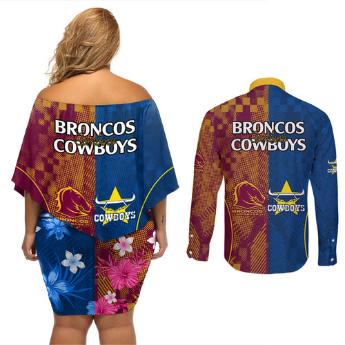 nrl-cowboys-and-broncos-couples-matching-off-shoulder-short-dress-and-long-sleeve-button-shirts-sporty-style