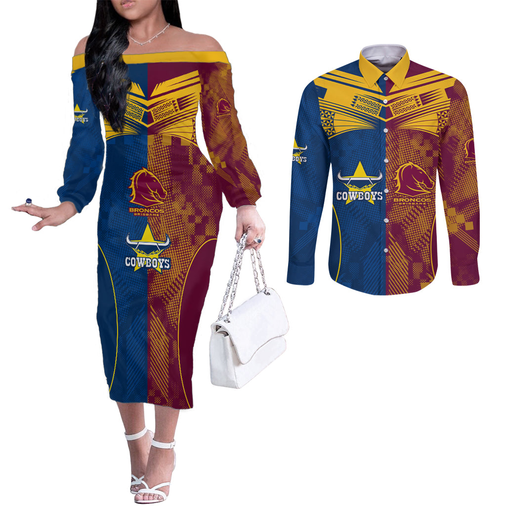 nrl-cowboys-and-broncos-couples-matching-off-the-shoulder-long-sleeve-dress-and-long-sleeve-button-shirts-sporty-style