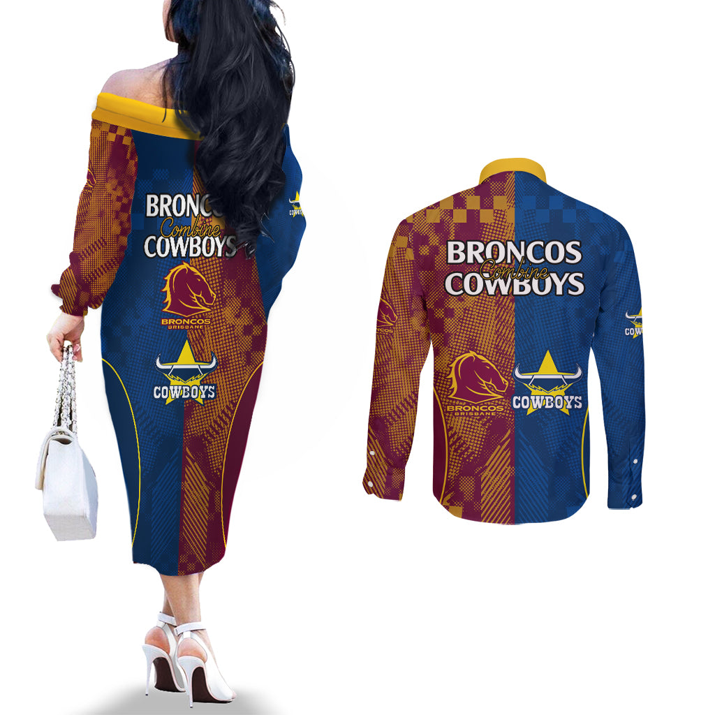 nrl-cowboys-and-broncos-couples-matching-off-the-shoulder-long-sleeve-dress-and-long-sleeve-button-shirts-sporty-style