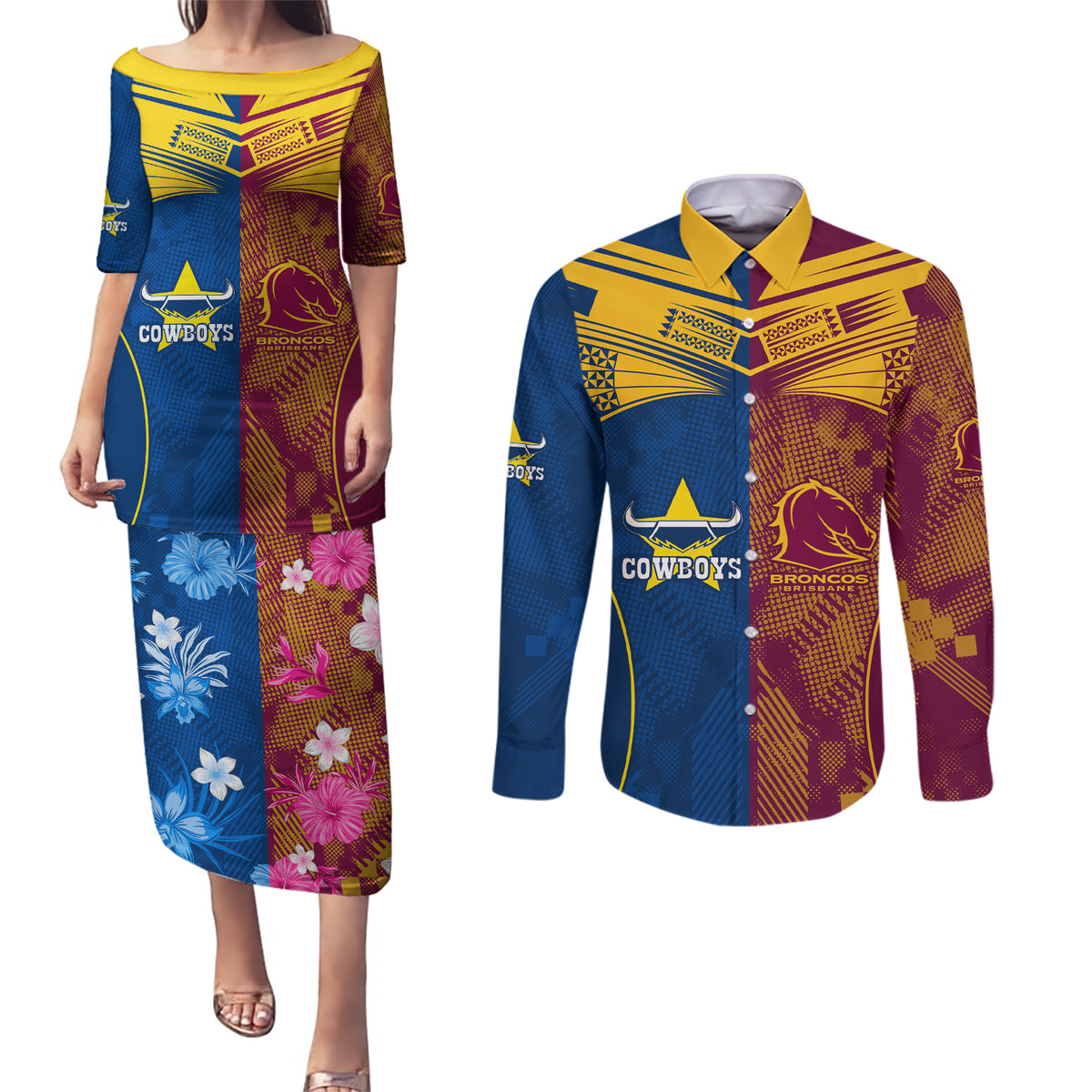 nrl-cowboys-and-broncos-couples-matching-puletasi-dress-and-long-sleeve-button-shirts-sporty-style