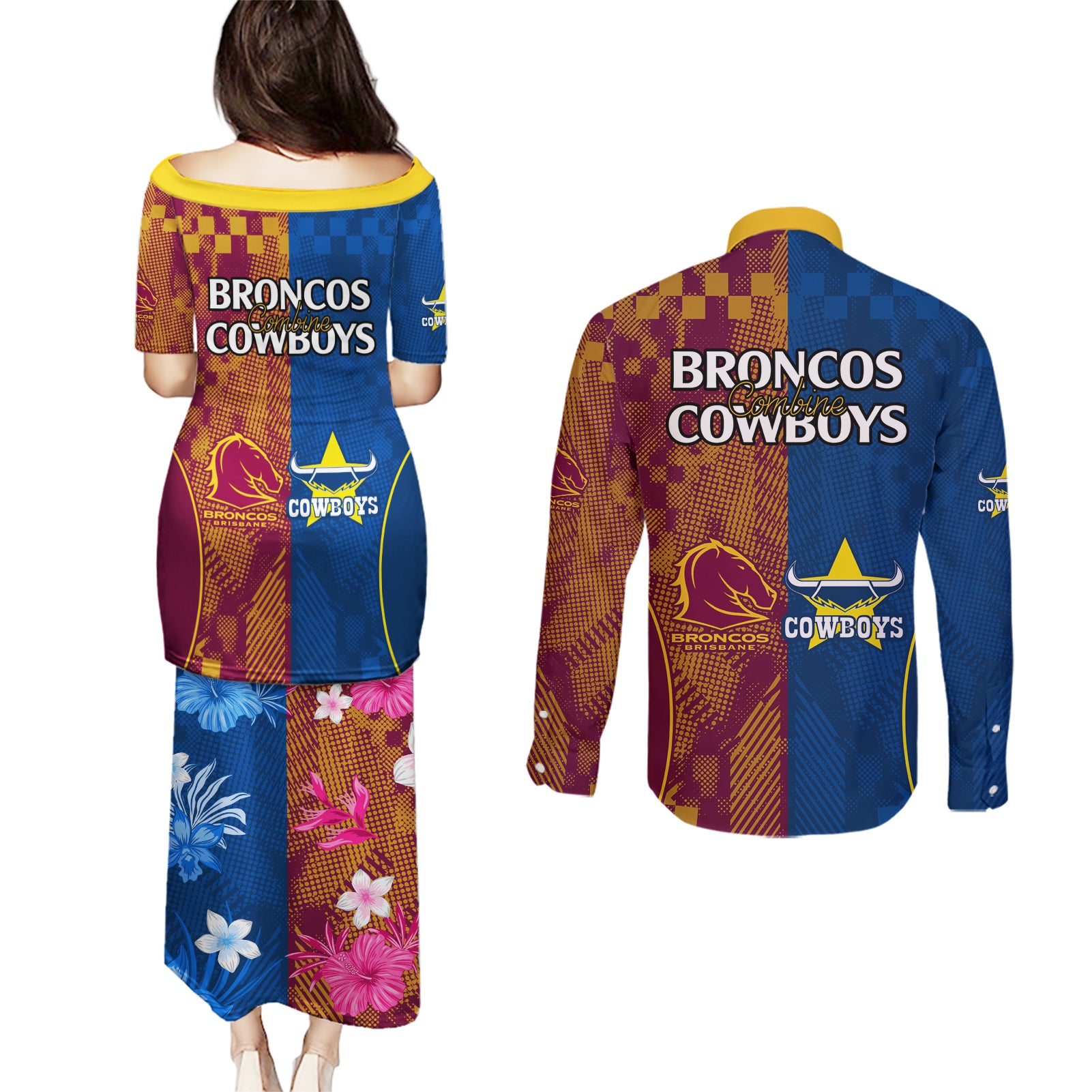 nrl-cowboys-and-broncos-couples-matching-puletasi-dress-and-long-sleeve-button-shirts-sporty-style