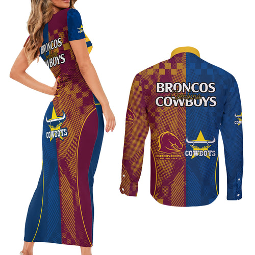 nrl-cowboys-and-broncos-couples-matching-short-sleeve-bodycon-dress-and-long-sleeve-button-shirts-sporty-style