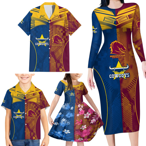 nrl-cowboys-and-broncos-family-matching-long-sleeve-bodycon-dress-and-hawaiian-shirt-sporty-style