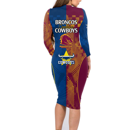 nrl-cowboys-and-broncos-family-matching-long-sleeve-bodycon-dress-and-hawaiian-shirt-sporty-style