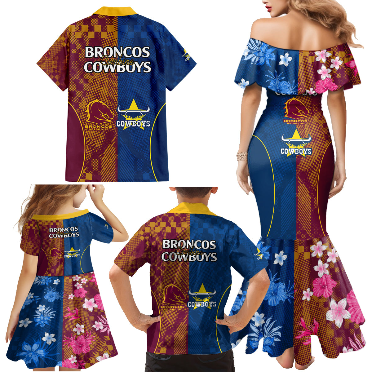 nrl-cowboys-and-broncos-family-matching-mermaid-dress-and-hawaiian-shirt-sporty-style