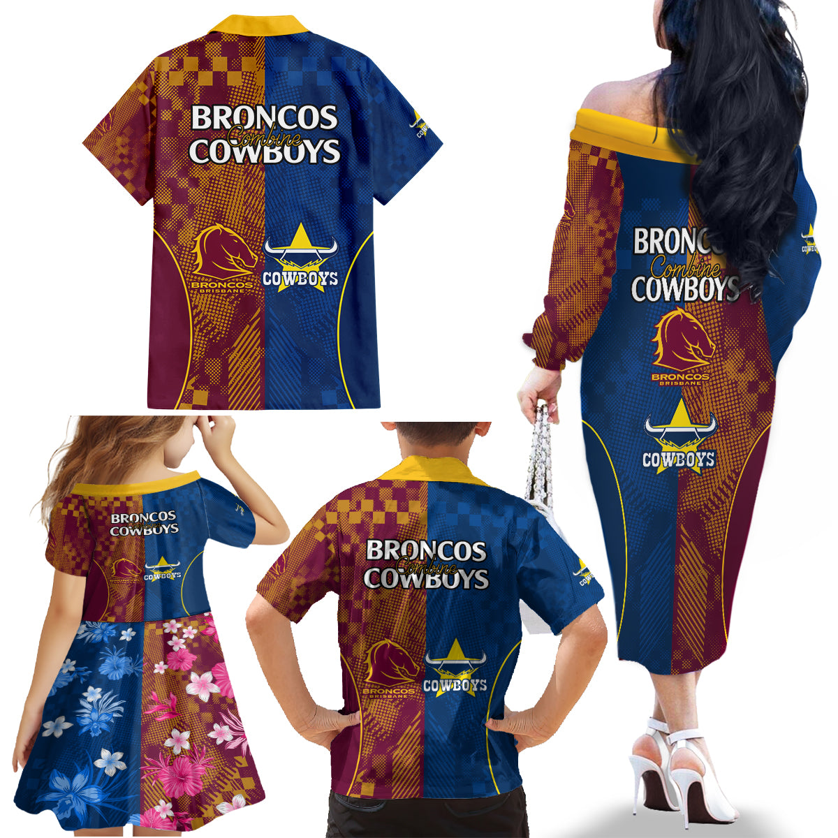 nrl-cowboys-and-broncos-family-matching-off-shoulder-long-sleeve-dress-and-hawaiian-shirt-sporty-style
