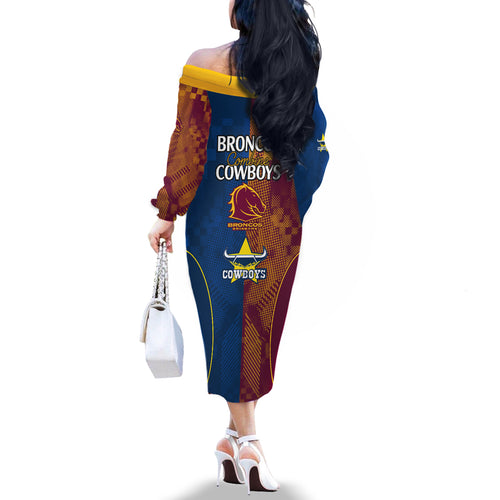 nrl-cowboys-and-broncos-family-matching-off-shoulder-long-sleeve-dress-and-hawaiian-shirt-sporty-style