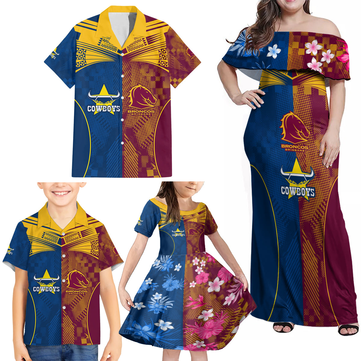nrl-cowboys-and-broncos-family-matching-off-shoulder-maxi-dress-and-hawaiian-shirt-sporty-style