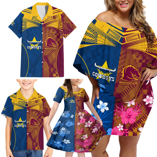 nrl-cowboys-and-broncos-family-matching-off-shoulder-short-dress-and-hawaiian-shirt-sporty-style