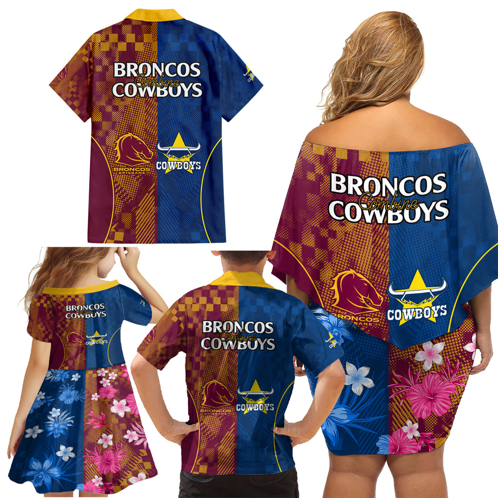 nrl-cowboys-and-broncos-family-matching-off-shoulder-short-dress-and-hawaiian-shirt-sporty-style