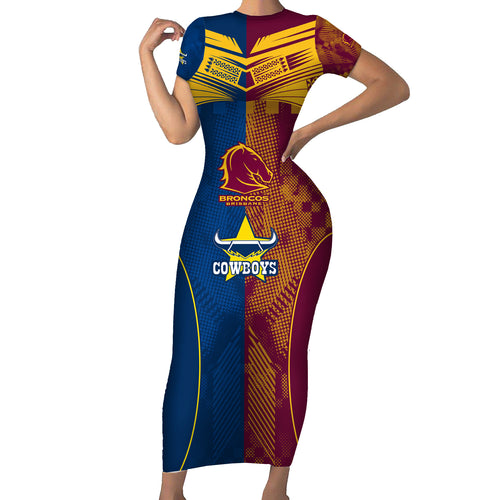 nrl-cowboys-and-broncos-family-matching-short-sleeve-bodycon-dress-and-hawaiian-shirt-sporty-style