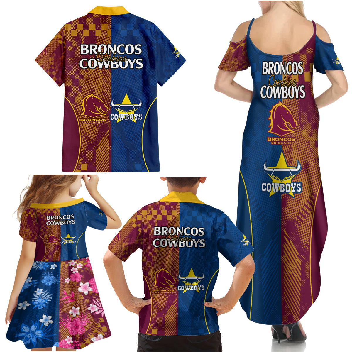 nrl-cowboys-and-broncos-family-matching-summer-maxi-dress-and-hawaiian-shirt-sporty-style