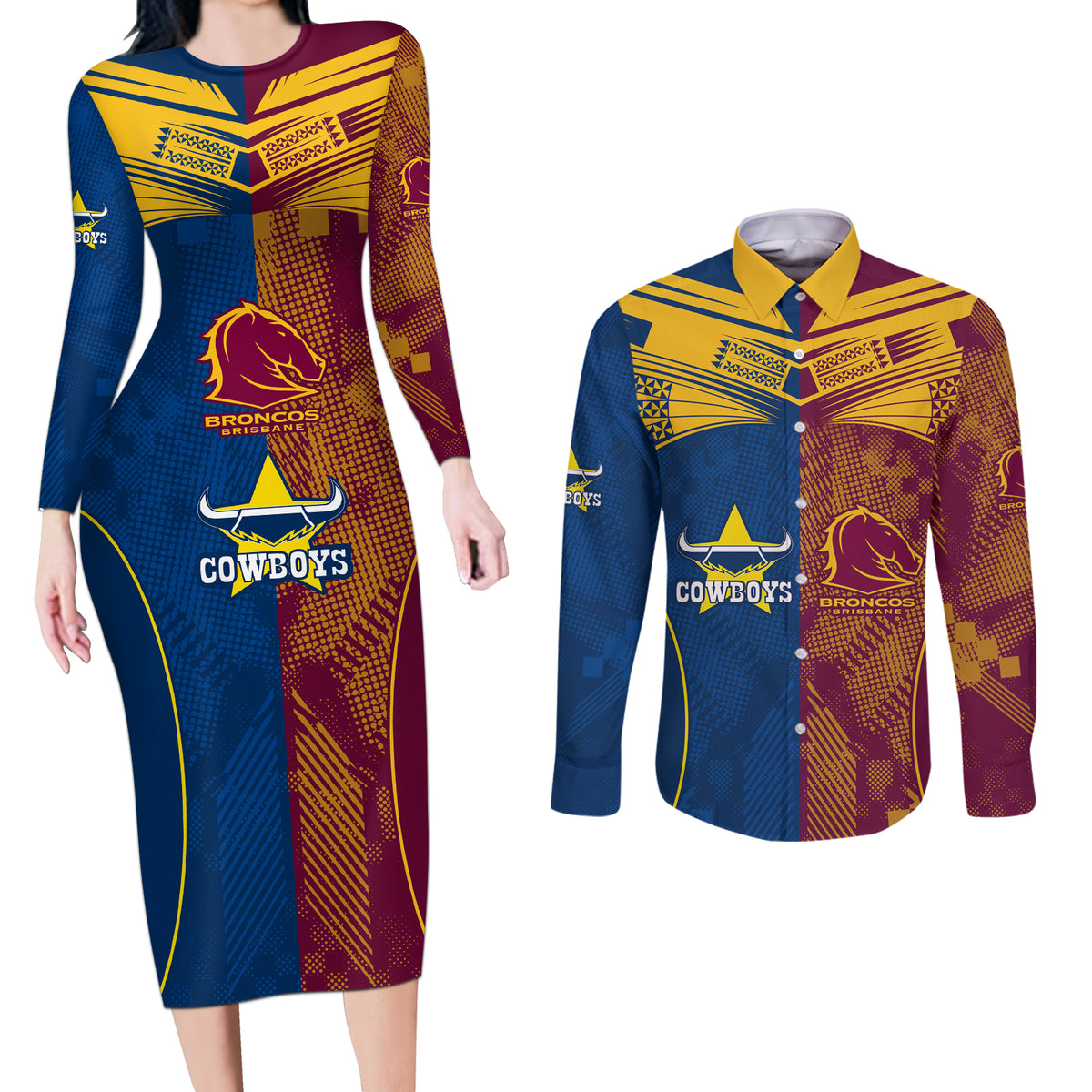 custom-nrl-cowboys-and-broncos-couples-matching-long-sleeve-bodycon-dress-and-long-sleeve-button-shirts-sporty-style