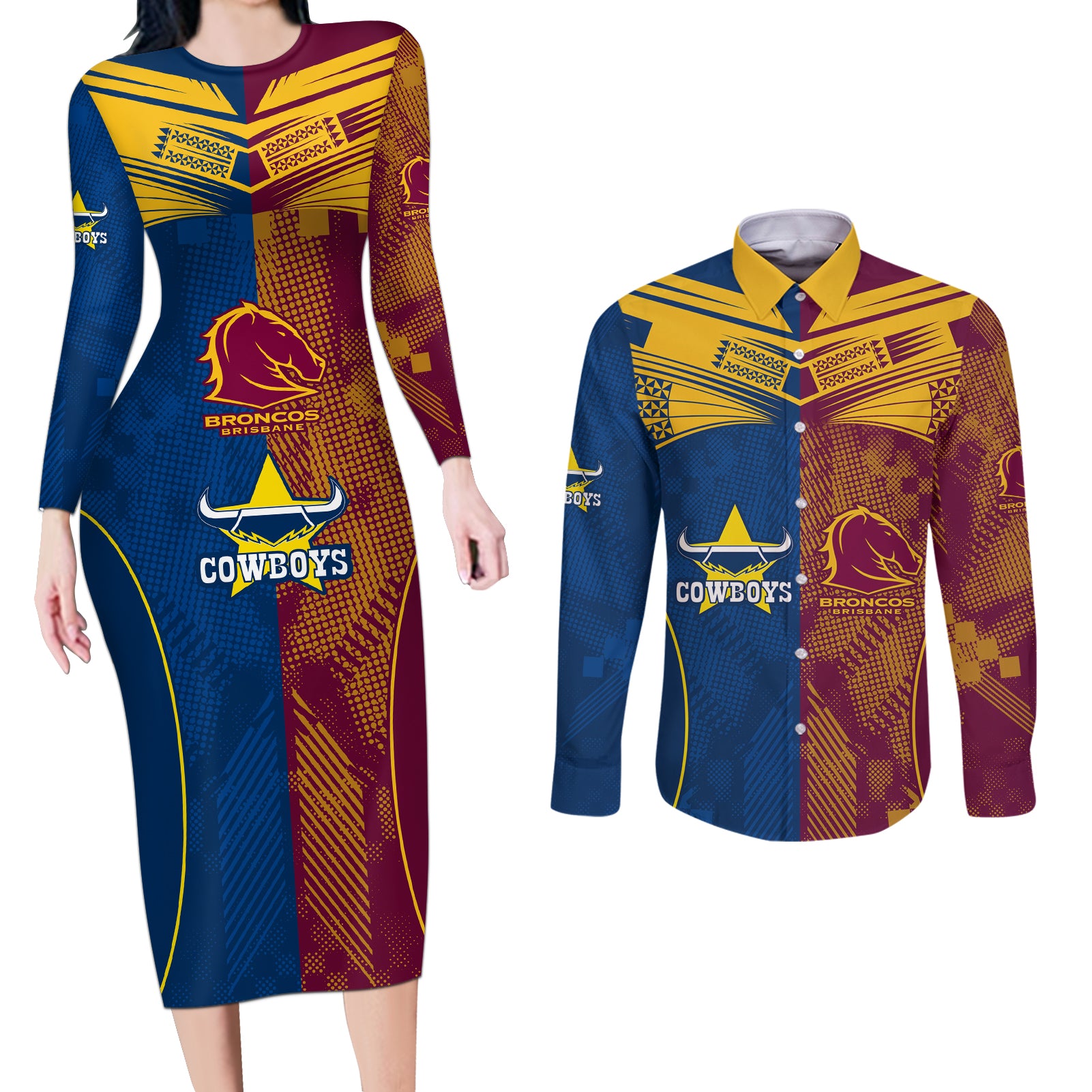 custom-nrl-cowboys-and-broncos-couples-matching-long-sleeve-bodycon-dress-and-long-sleeve-button-shirts-sporty-style