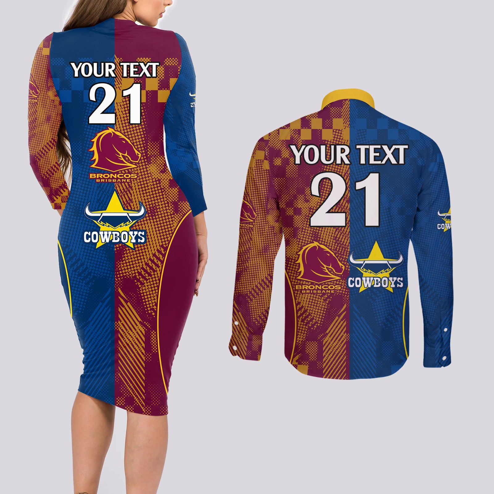 custom-nrl-cowboys-and-broncos-couples-matching-long-sleeve-bodycon-dress-and-long-sleeve-button-shirts-sporty-style