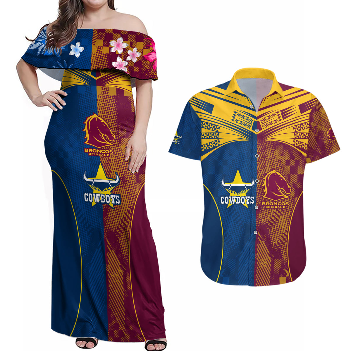 custom-nrl-cowboys-and-broncos-couples-matching-off-shoulder-maxi-dress-and-hawaiian-shirt-sporty-style