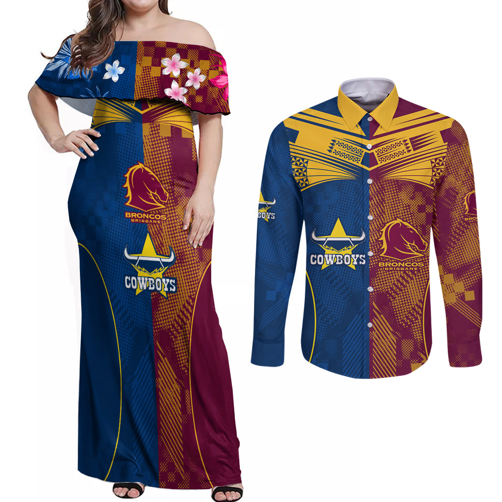 custom-nrl-cowboys-and-broncos-couples-matching-off-shoulder-maxi-dress-and-long-sleeve-button-shirts-sporty-style