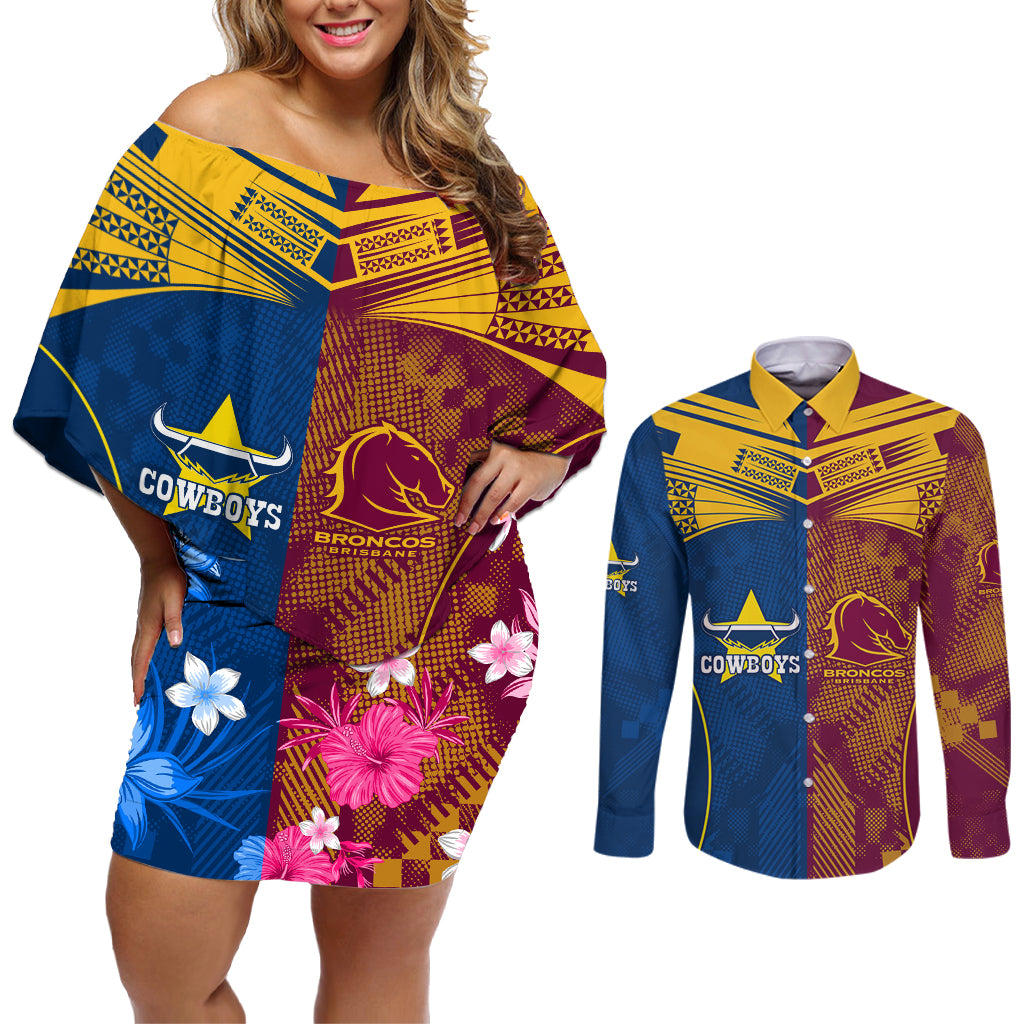 custom-nrl-cowboys-and-broncos-couples-matching-off-shoulder-short-dress-and-long-sleeve-button-shirts-sporty-style