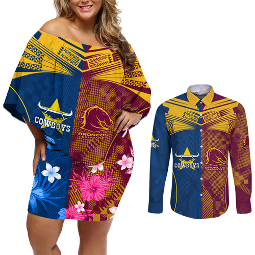 custom-nrl-cowboys-and-broncos-couples-matching-off-shoulder-short-dress-and-long-sleeve-button-shirts-sporty-style