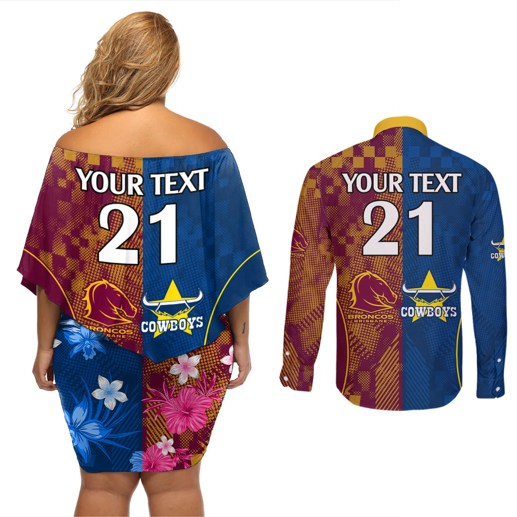 custom-nrl-cowboys-and-broncos-couples-matching-off-shoulder-short-dress-and-long-sleeve-button-shirts-sporty-style