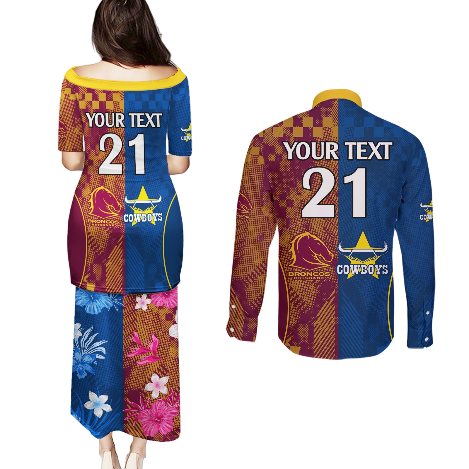 custom-nrl-cowboys-and-broncos-couples-matching-puletasi-dress-and-long-sleeve-button-shirts-sporty-style