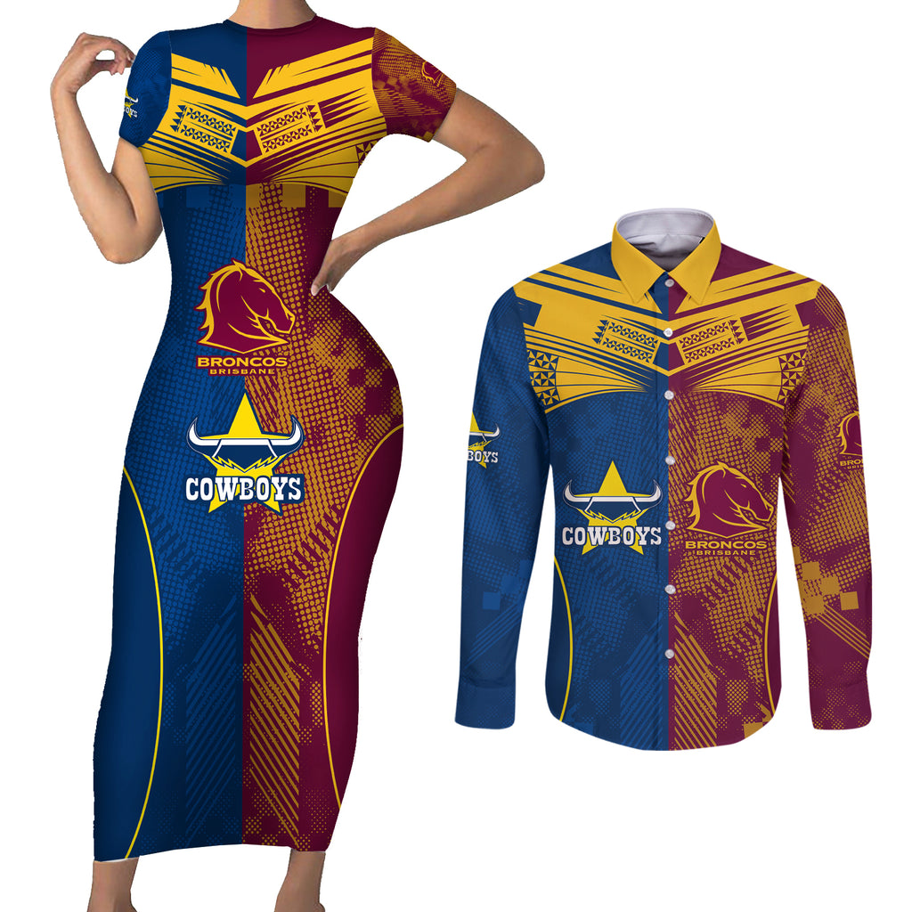 custom-nrl-cowboys-and-broncos-couples-matching-short-sleeve-bodycon-dress-and-long-sleeve-button-shirts-sporty-style