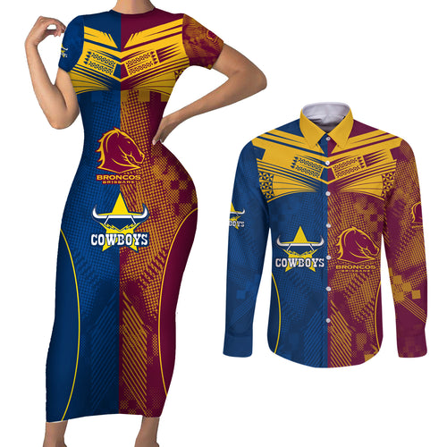custom-nrl-cowboys-and-broncos-couples-matching-short-sleeve-bodycon-dress-and-long-sleeve-button-shirts-sporty-style