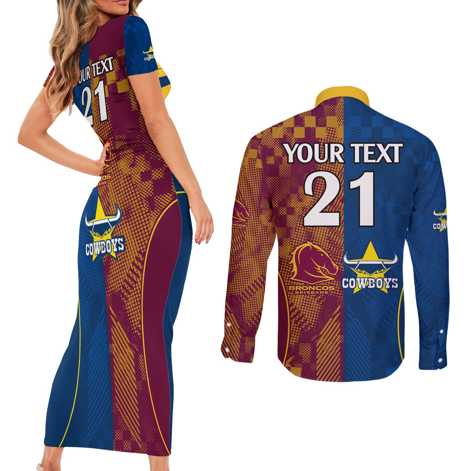 custom-nrl-cowboys-and-broncos-couples-matching-short-sleeve-bodycon-dress-and-long-sleeve-button-shirts-sporty-style