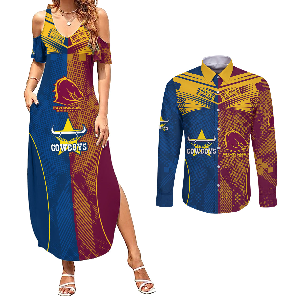 custom-nrl-cowboys-and-broncos-couples-matching-summer-maxi-dress-and-long-sleeve-button-shirts-sporty-style