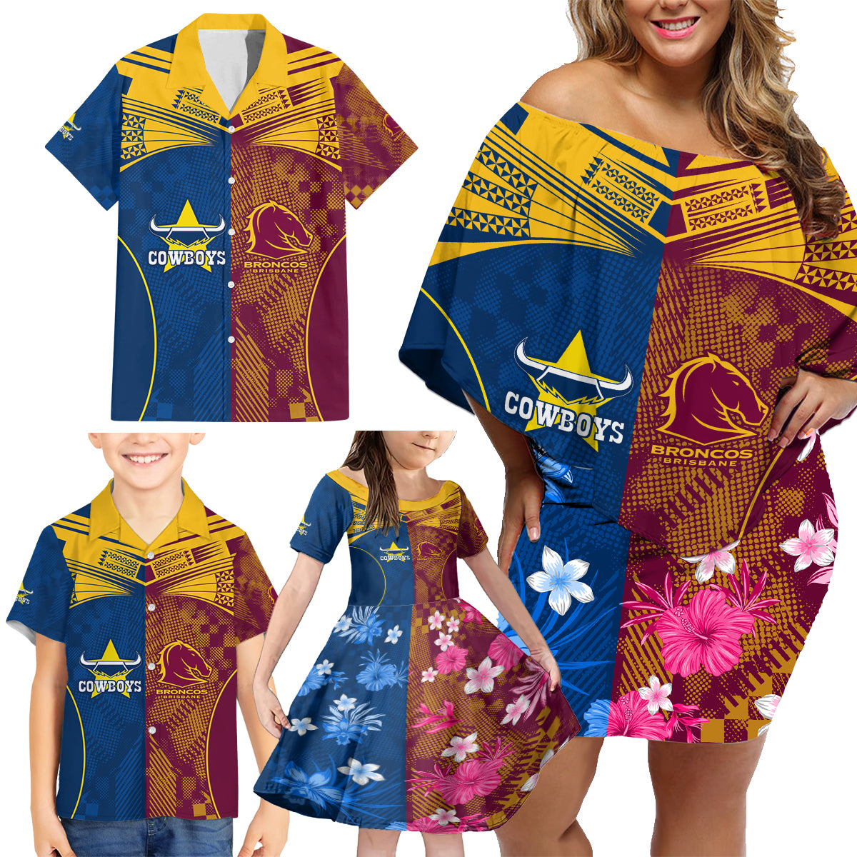 custom-nrl-cowboys-and-broncos-family-matching-off-shoulder-short-dress-and-hawaiian-shirt-sporty-style