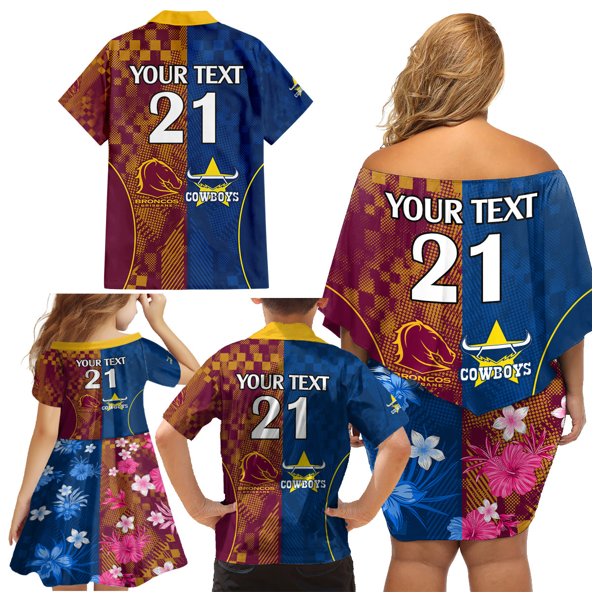 custom-nrl-cowboys-and-broncos-family-matching-off-shoulder-short-dress-and-hawaiian-shirt-sporty-style