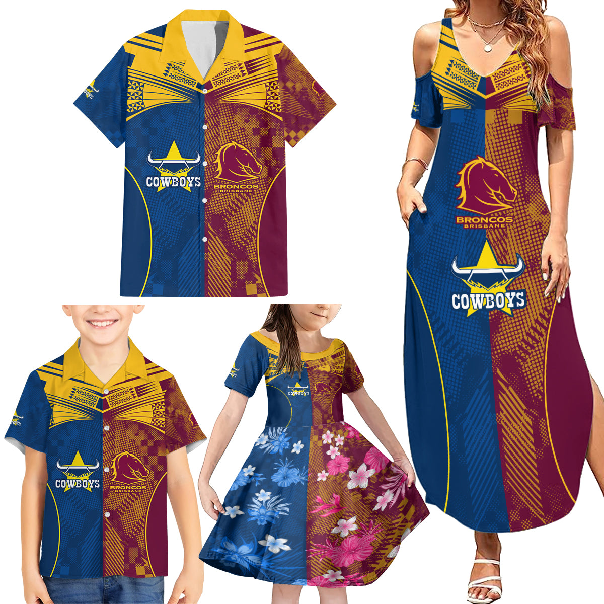 custom-nrl-cowboys-and-broncos-family-matching-summer-maxi-dress-and-hawaiian-shirt-sporty-style