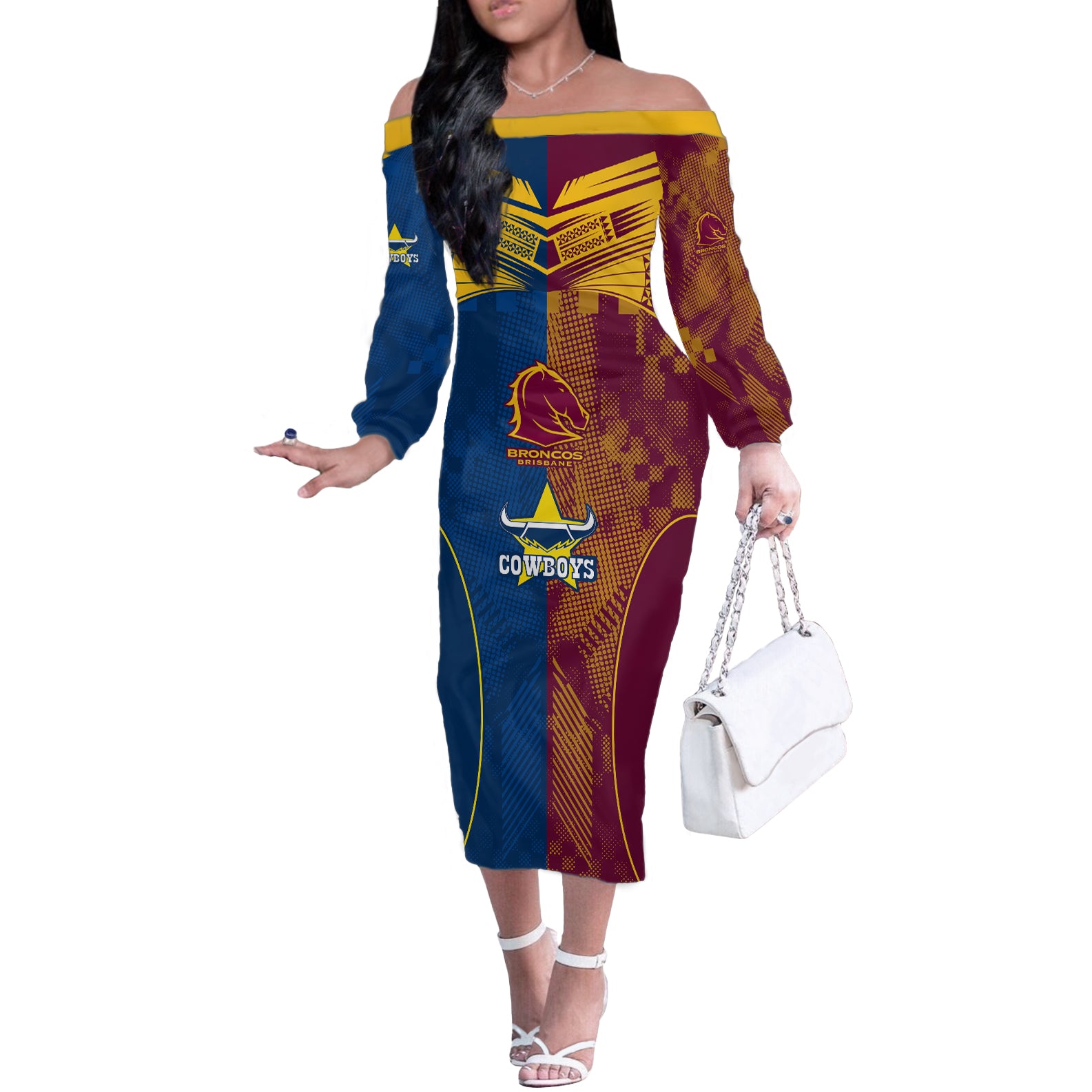 custom-nrl-cowboys-and-broncos-off-the-shoulder-long-sleeve-dress-sporty-style