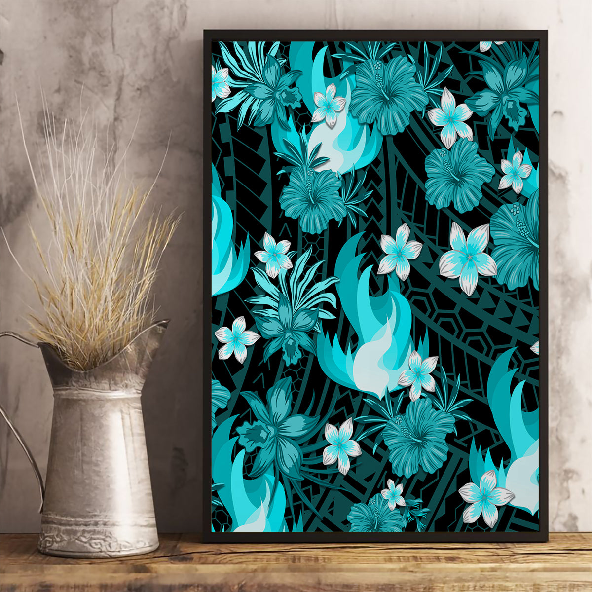 australian-heat-cricket-canvas-wall-art-baeuty-pacific-hibiscus-and-polynesian-pattern