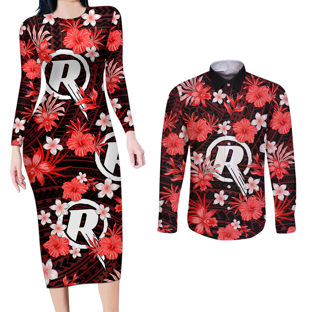 australian-renegades-cricket-couples-matching-long-sleeve-bodycon-dress-and-long-sleeve-button-shirts-baeuty-pacific-hibiscus-and-polynesian-pattern