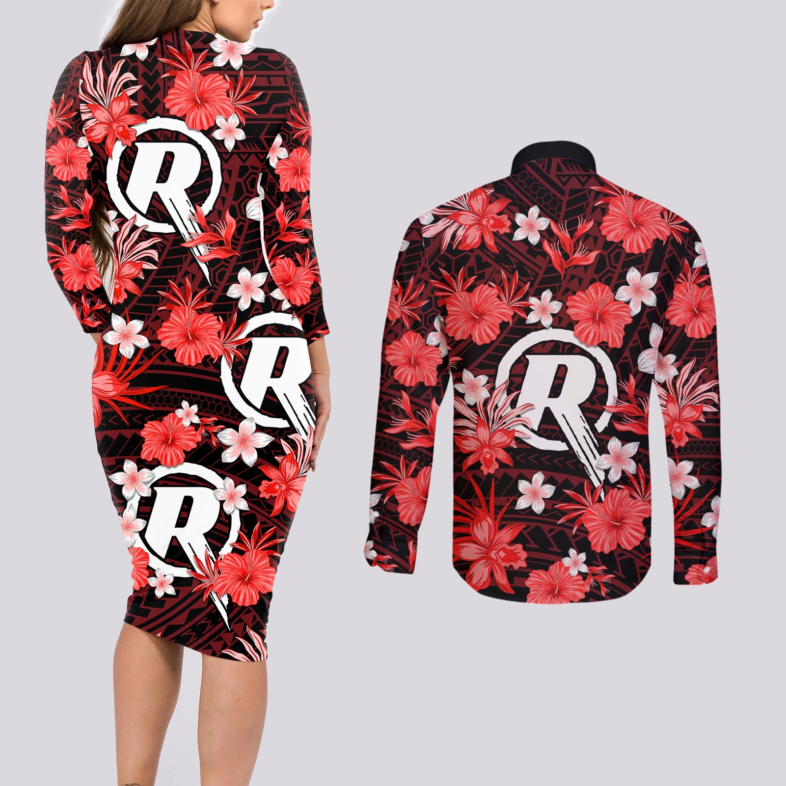 australian-renegades-cricket-couples-matching-long-sleeve-bodycon-dress-and-long-sleeve-button-shirts-baeuty-pacific-hibiscus-and-polynesian-pattern