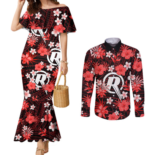 australian-renegades-cricket-couples-matching-mermaid-dress-and-long-sleeve-button-shirts-baeuty-pacific-hibiscus-and-polynesian-pattern
