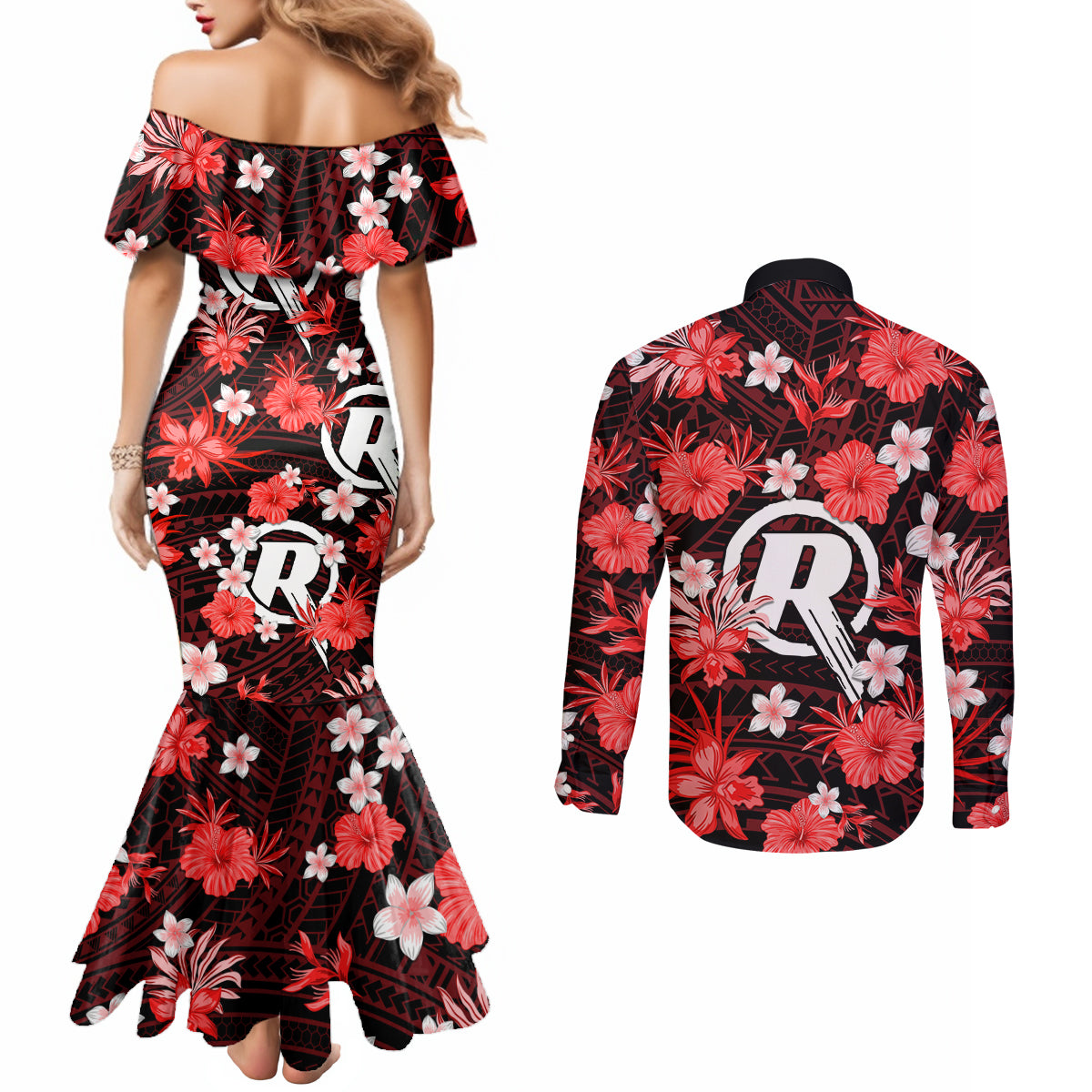 australian-renegades-cricket-couples-matching-mermaid-dress-and-long-sleeve-button-shirts-baeuty-pacific-hibiscus-and-polynesian-pattern