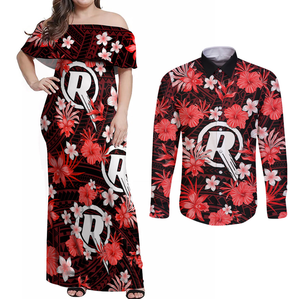 australian-renegades-cricket-couples-matching-off-shoulder-maxi-dress-and-long-sleeve-button-shirts-baeuty-pacific-hibiscus-and-polynesian-pattern