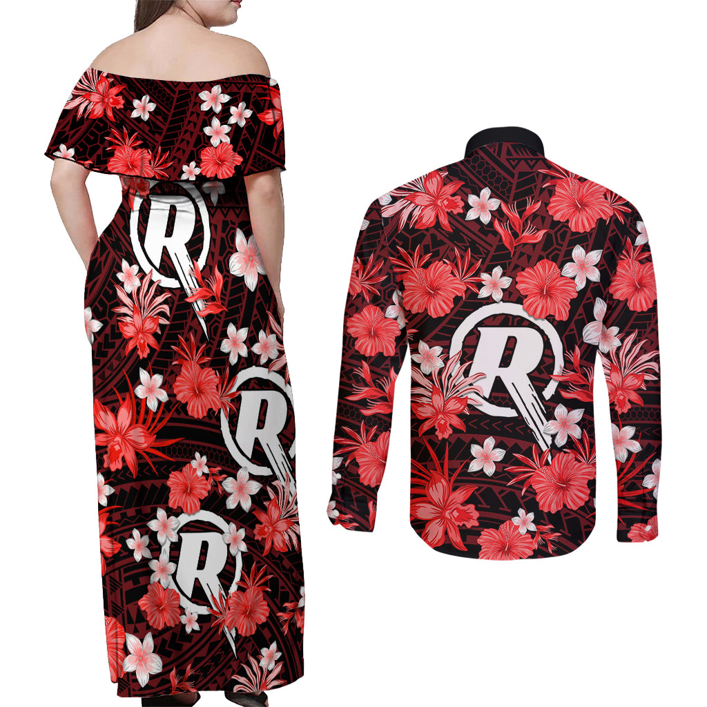 australian-renegades-cricket-couples-matching-off-shoulder-maxi-dress-and-long-sleeve-button-shirts-baeuty-pacific-hibiscus-and-polynesian-pattern