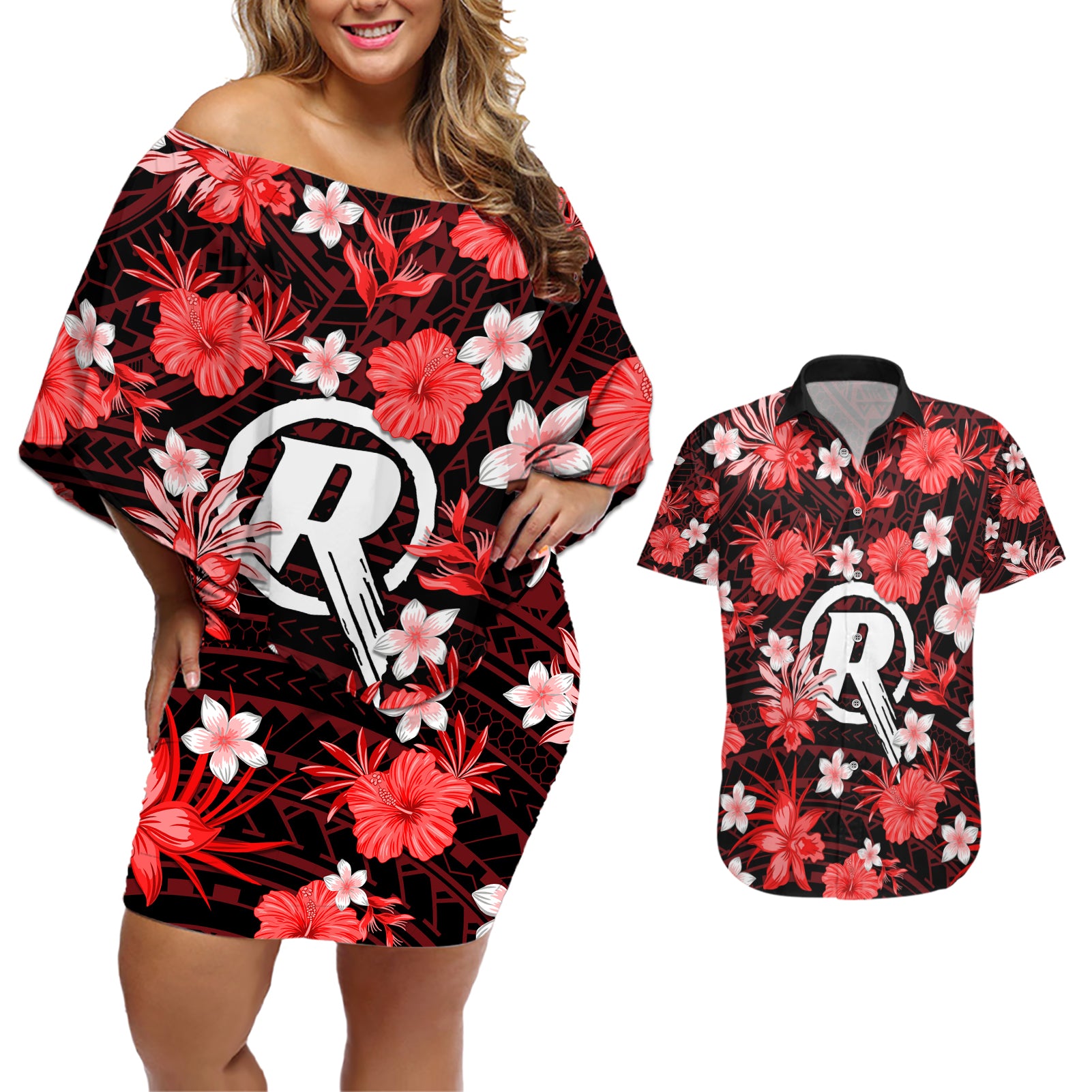 australian-renegades-cricket-couples-matching-off-shoulder-short-dress-and-hawaiian-shirt-baeuty-pacific-hibiscus-and-polynesian-pattern