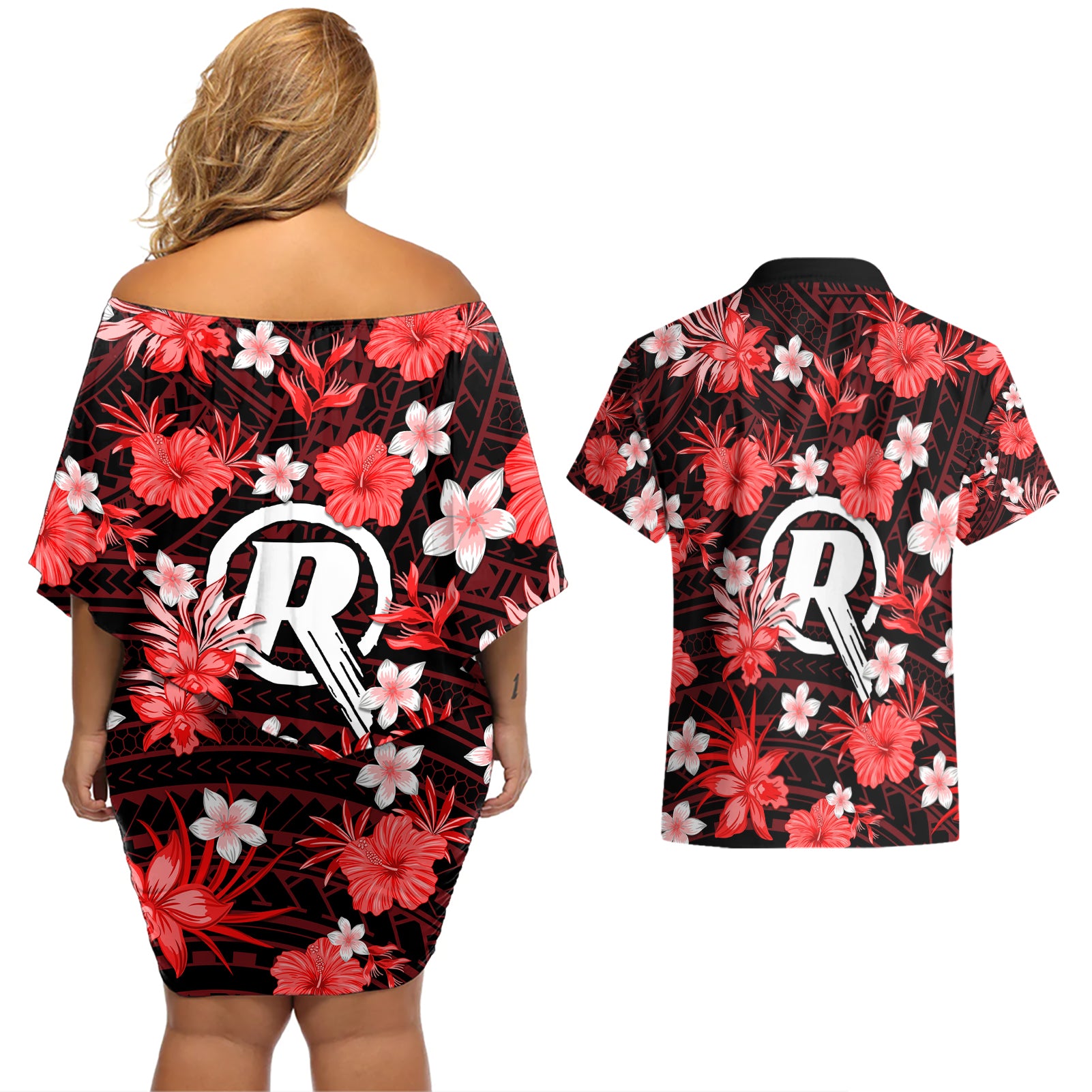 australian-renegades-cricket-couples-matching-off-shoulder-short-dress-and-hawaiian-shirt-baeuty-pacific-hibiscus-and-polynesian-pattern