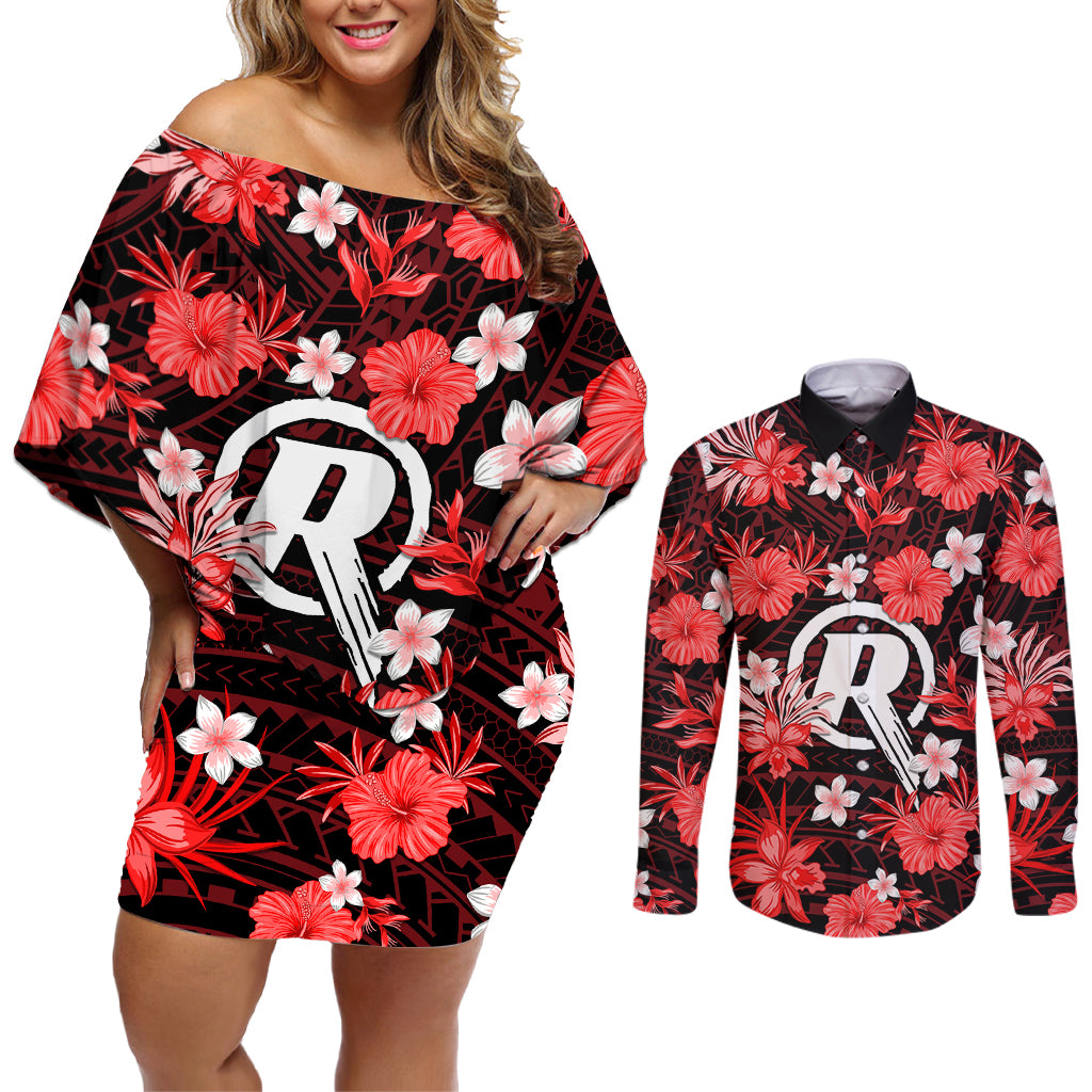 australian-renegades-cricket-couples-matching-off-shoulder-short-dress-and-long-sleeve-button-shirts-baeuty-pacific-hibiscus-and-polynesian-pattern